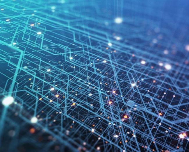 A network of interconnected dots and lines displayed on a blue background, illustrating a machine learning process.